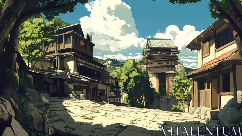 Sunny hillside village street with traditional wooden houses