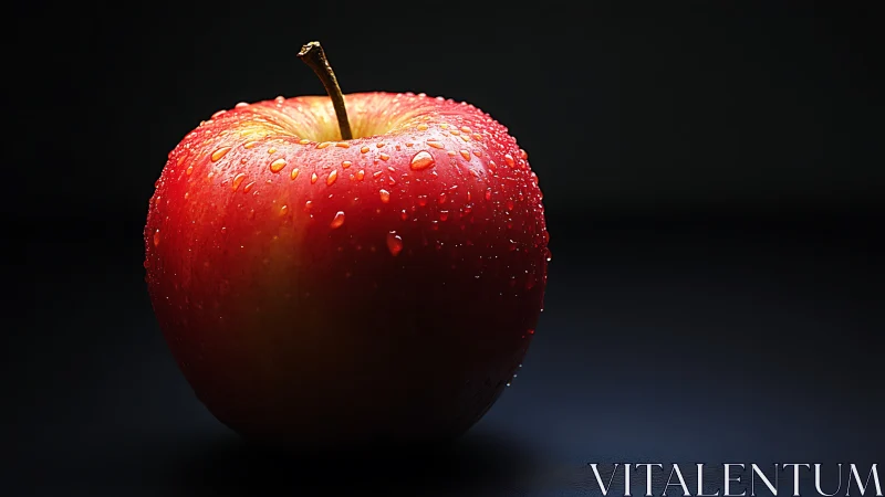 Red apple with water droplets on dark studio background.