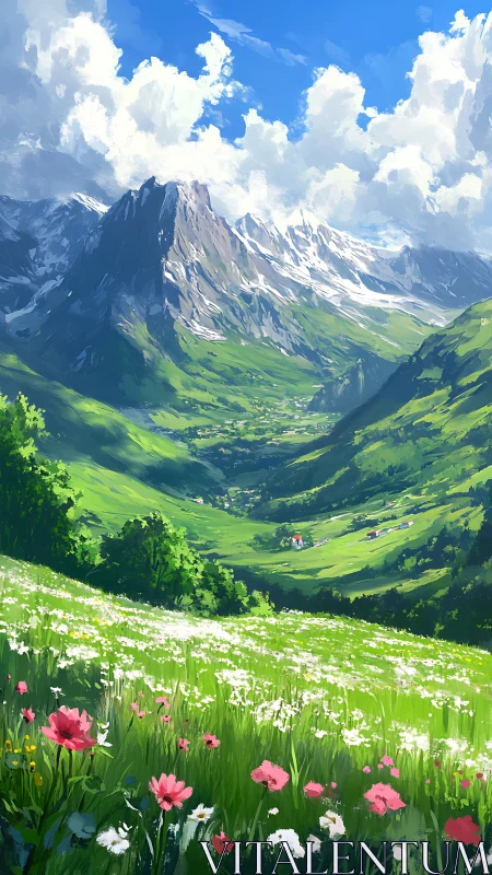 Sunlit mountain valley and wildflower meadow inviting daydreams.