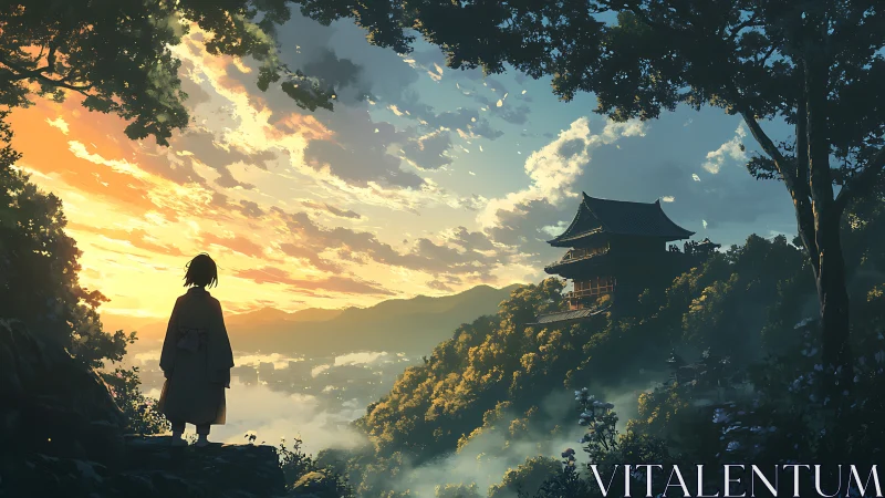 Silhouetted figure observes distant hillside temple at sunrise