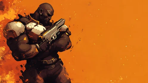 Armored soldier grips futuristic rifle against blazing field