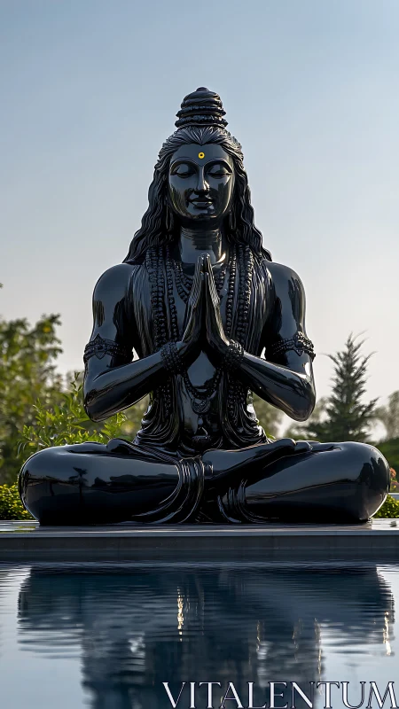 Serene black Shiva statue in meditation beside reflecting pool.