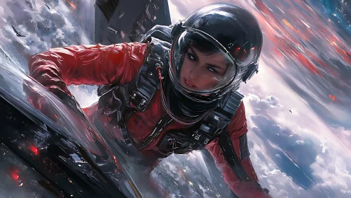 Female astronaut clings to spacecraft amid fiery descent.