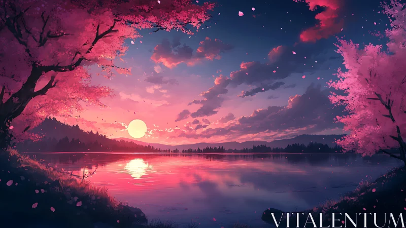 Pink cherry blossom lake under vivid sunset sky.