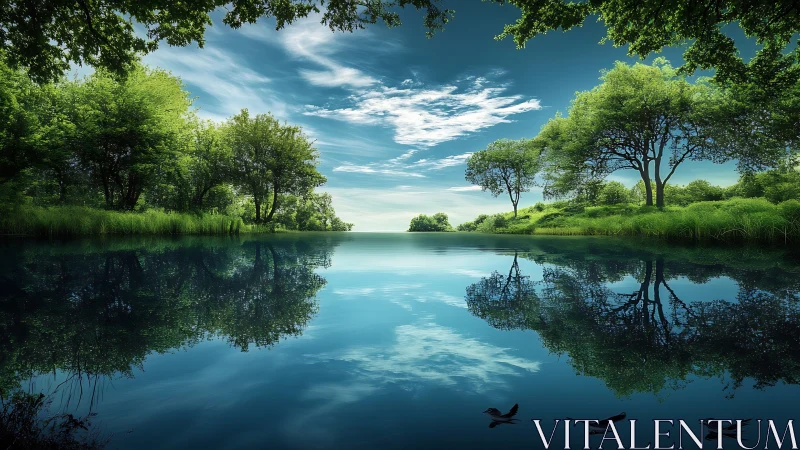 Serene forest lake mirror with vivid sky reflections.