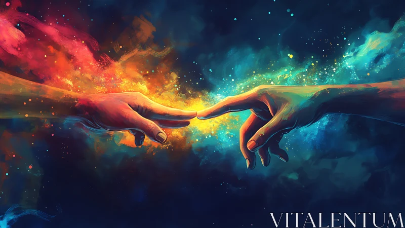 Two extended hands approach within a diffuse, colored nebula