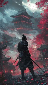 Lone samurai confronts a burning temple beneath storm clouds