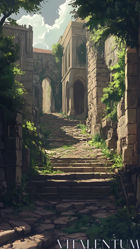 Sunlit stone stairway invites wanderers into quiet ruins