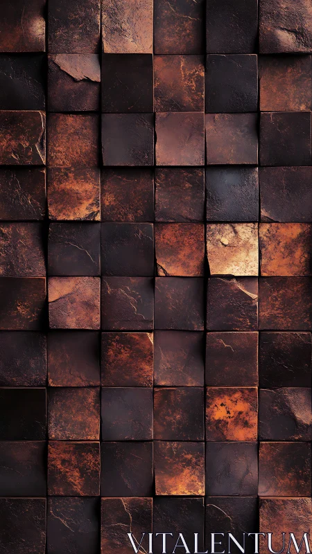 Rustic oxidized metal tiles form a high-relief modular surface