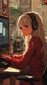Soft morning coder glows in a cozy, sunlit anime workspace
