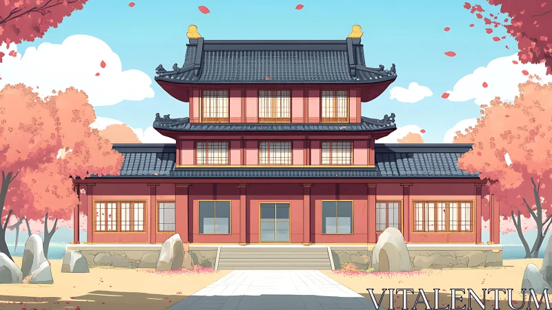 Serene red pagoda amid pastel autumn garden setting.