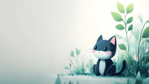 Black and White Cat Sitting Among Soft Green Foliage.