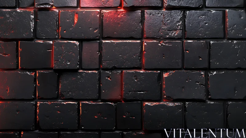 Molten red light seeps through rugged black brick wall
