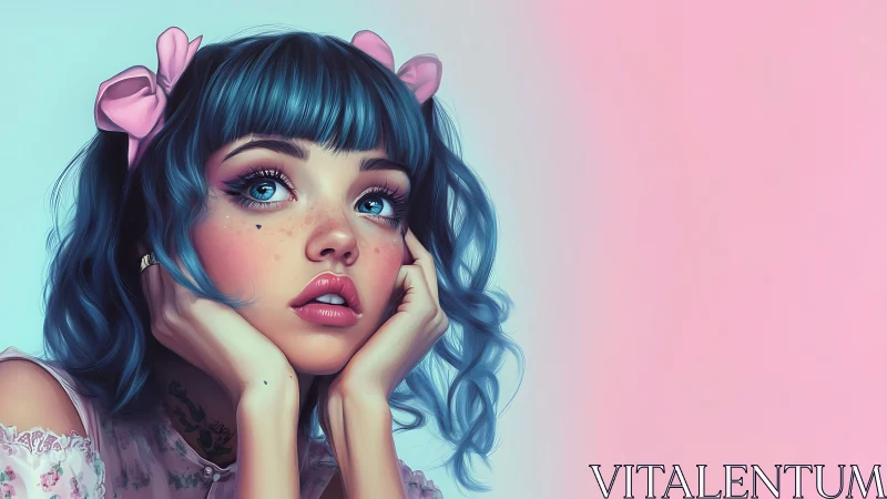 Blue haired girl portrait on soft pink and blue backdrop.