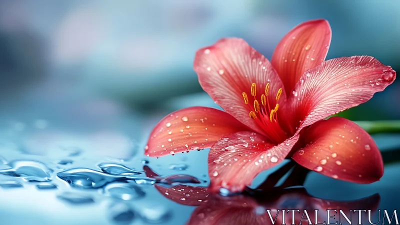 Red Flower Petals with Water Droplets Against Blue.