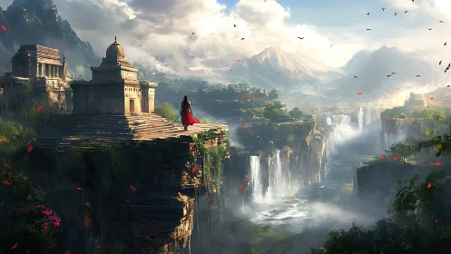 Clifftop temples above river canyons and distant mountains.