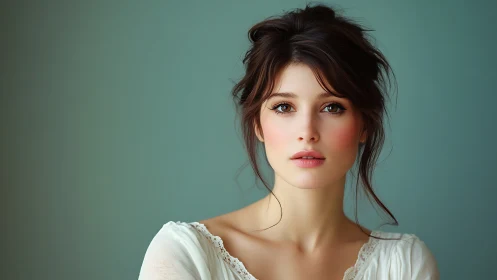 Portrait of young woman against plain teal studio backdrop.