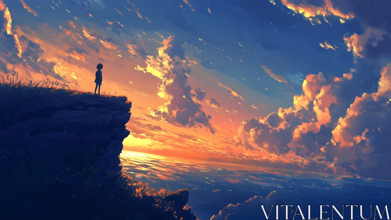 Silhouetted figure stands on cliff edge under vivid sunset sky