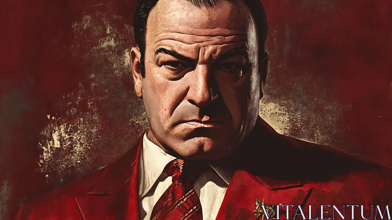 Stern middle‑aged man in red suit against textured backdrop