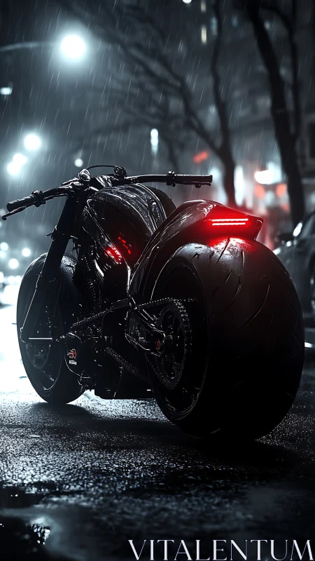 Custom black motorcycle in wet night city street scene.