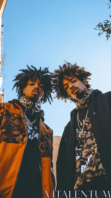 Two young men pose in streetwear against clear blue sky