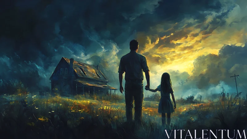Father and daughter facing stormy sky by rural house.