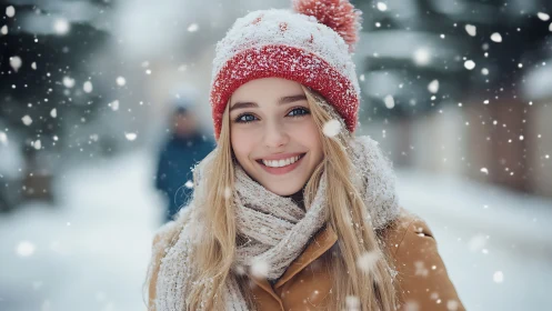 Young woman in red winter hat amid falling snow outdoors.