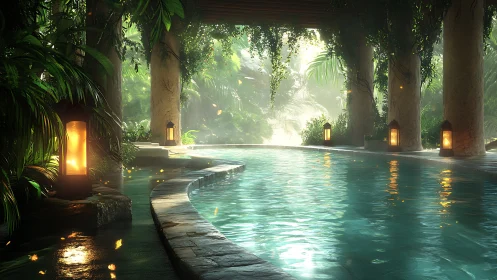 Covered tropical pool with stone columns and lantern light.
