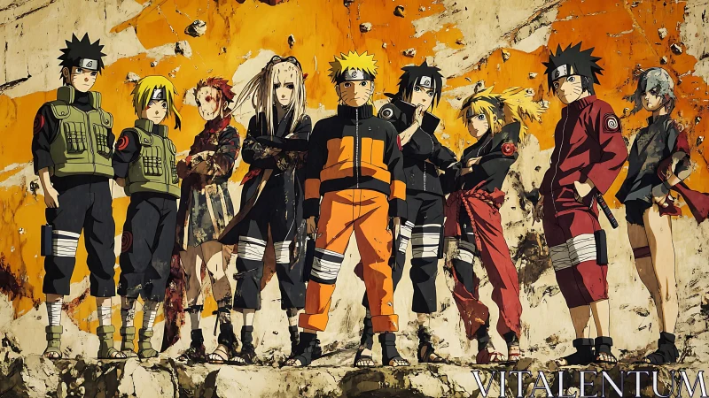 Group of stylized ninja characters against worn wall backdrop.