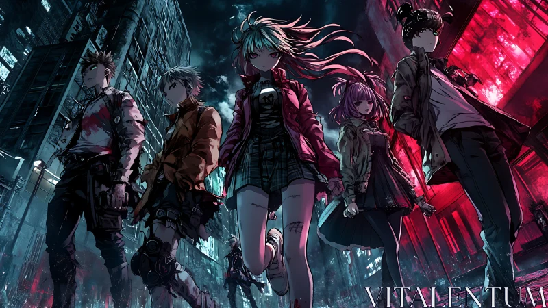 Neon-slashed street squad storms a rain-soaked midnight city.