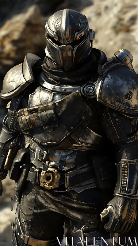 Armored wanderer poised between battle grit and quiet resolve.