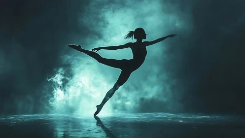 Silhouetted dancer in arabesque against teal atmospheric haze