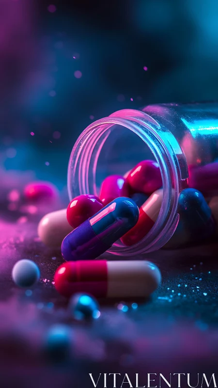 Spilled capsules under neon bokeh lighting reveal glossy polymer shells