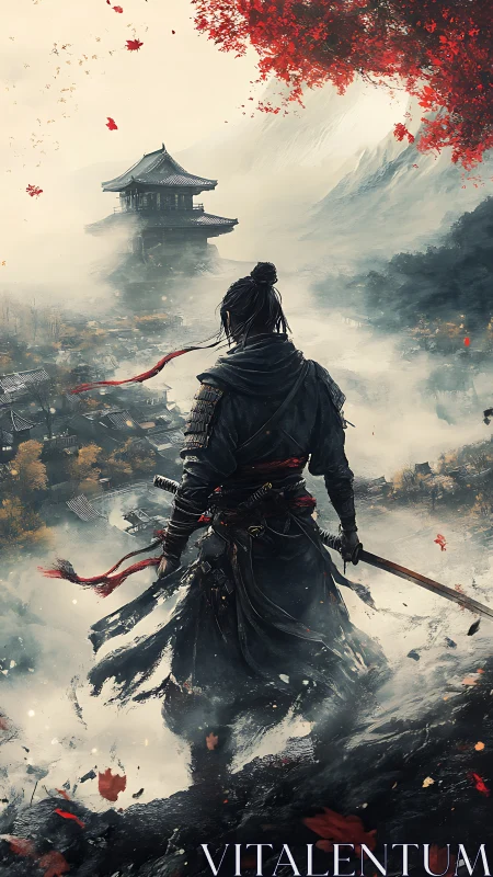 Samurai on mountain ridge facing misty temple vista.
