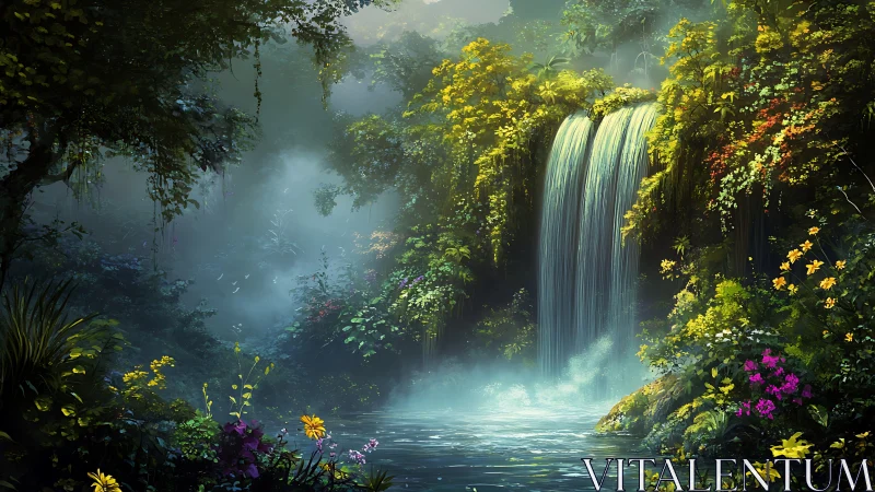 Mystical rainforest waterfall bathed in ethereal morning mist.