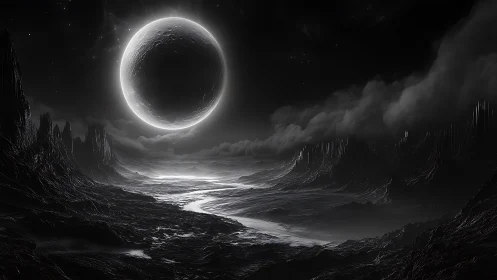 Lunar-lit alien canyon under colossal eclipsed moon.