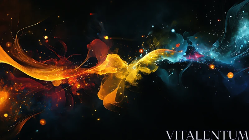 Prismatic energy currents colliding in cosmic darkness.