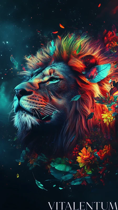 Majestic lion portrait glows within neon floral cosmos