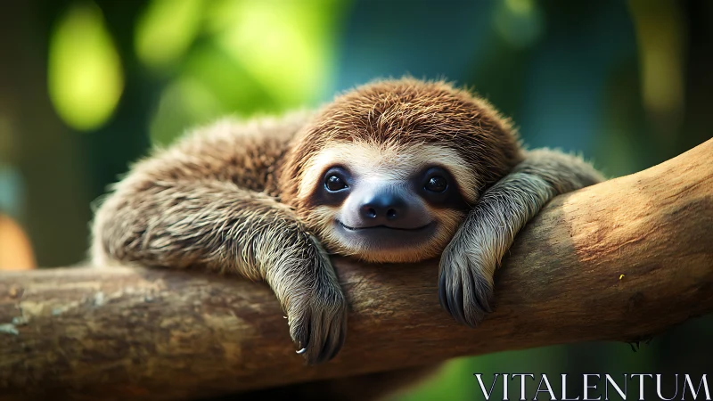 Contented young sloth resting on sunlit jungle branch.