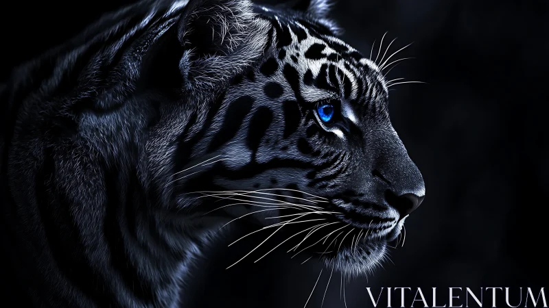 Profile view of blue eyed tiger against dark background.