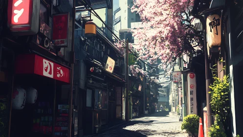 Sunlit cherry blossoms brightening a cozy city side street.