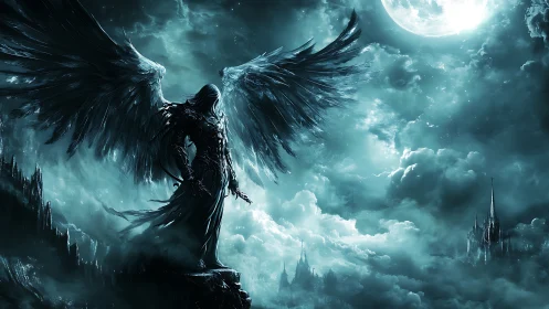 Moonlit fallen seraph poised above storm-torn spires.