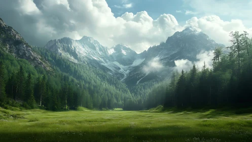 Peaceful mountain valley wrapped in soft morning light.