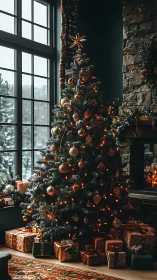 Christmas tree by fireplace with gifts in cozy cabin room