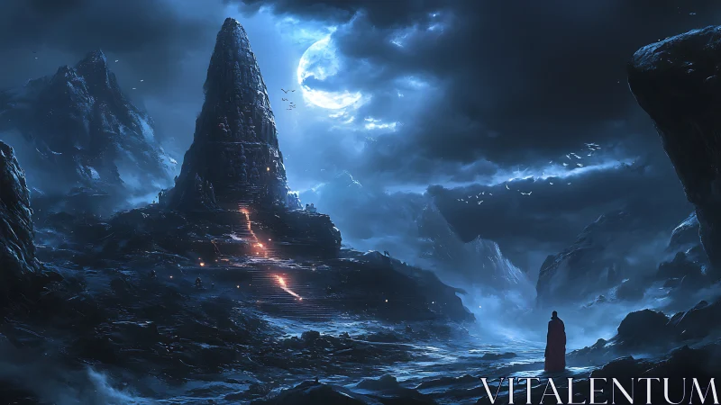 Moonlit obsidian spire dominates stormlit frozen valley.