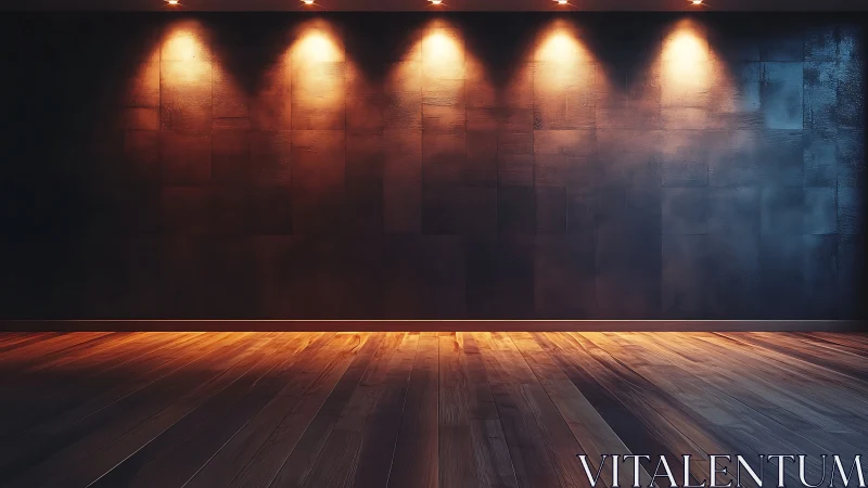 Empty gallery wall with warm spotlights and wood floor.
