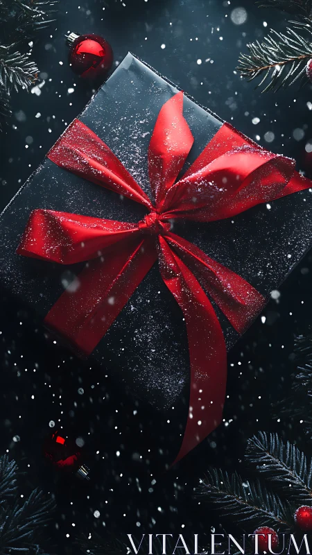 Black gift box with red ribbon amid falling snowflakes.