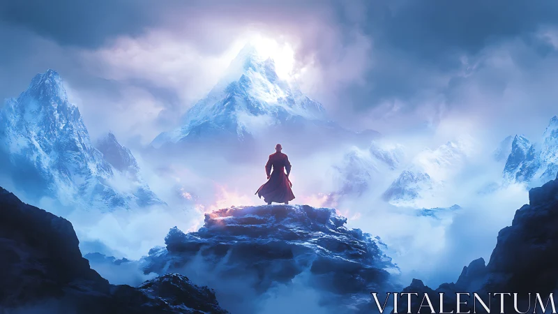 Lone robed figure overlooking luminous frozen mountain range.