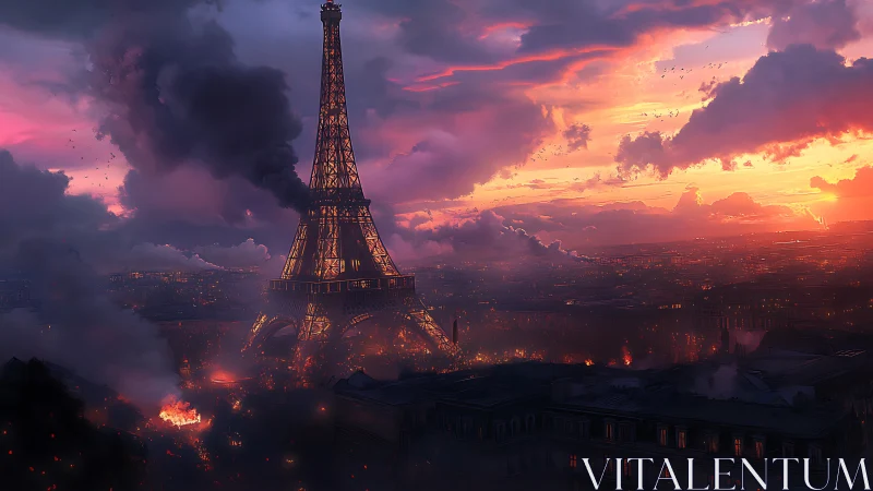Eiffel Tower under siege amid incendiary Parisian sunset.