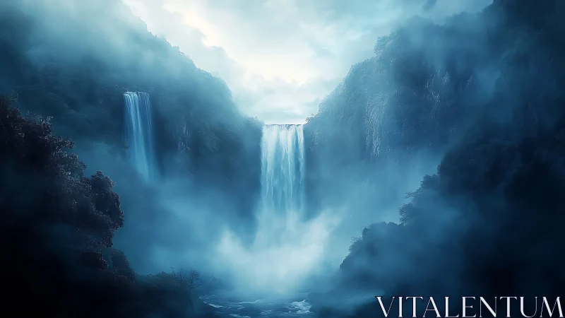 Triadic cataract system in mist-dense montane basin.